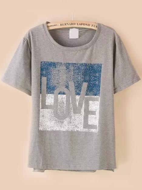 Romwe Love Print Grey T-shirt