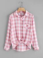 Romwe Gingham Chest Pocket Knot Front Shirt
