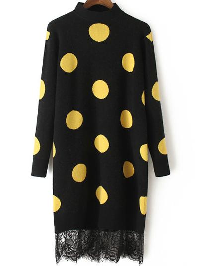 Romwe Mock Neck Contrast Lace Polka Dot Black Sweater Dress