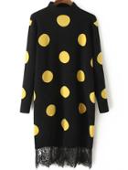 Romwe Mock Neck Contrast Lace Polka Dot Black Sweater Dress