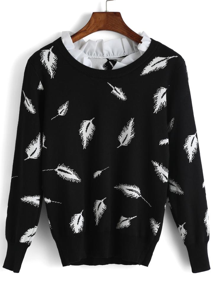 Romwe Round Neck Feather Print Black Sweater