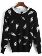 Romwe Round Neck Feather Print Black Sweater