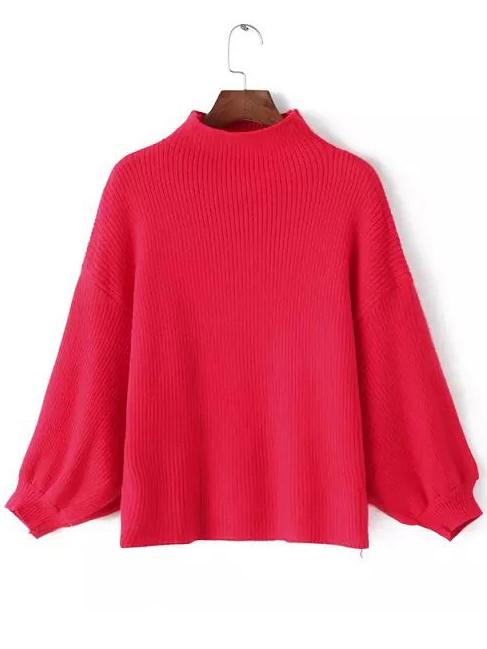Romwe Mock Neck Lantern Sleeve Red Knitwear