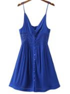 Romwe Blue Buttons Front Lace Splicing Spaghetti Strap Dress