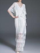 Romwe White V Neck Tie-waist Embroidered Sheer Dress