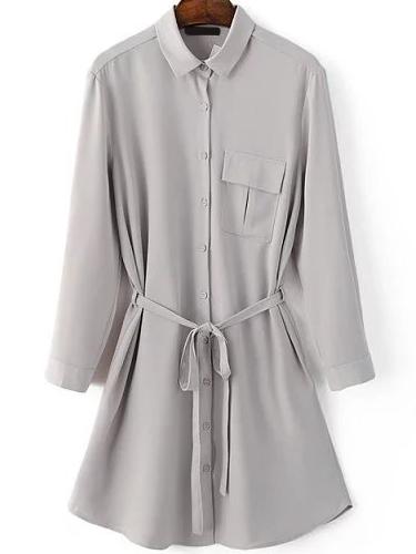 Romwe Grey Three Quarter Length Sleeve Self Tie Pocket Shirt Dress