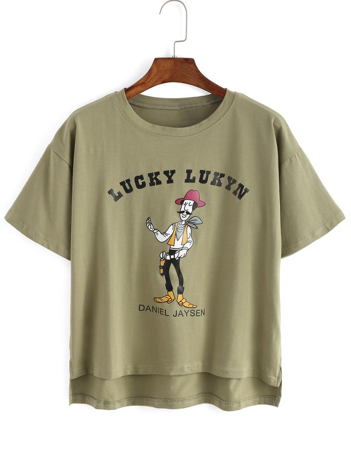 Romwe Dip Hem Split Cartoon Print Army Green T-shirt