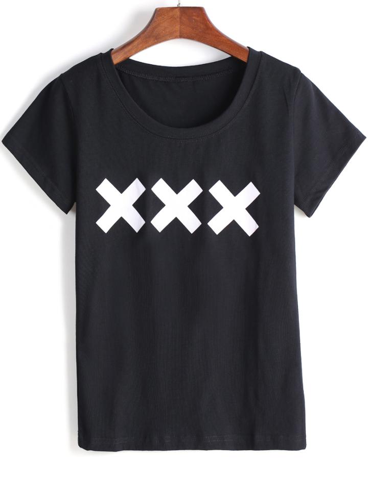Romwe Xxx Print Round Neck Black T-shirt