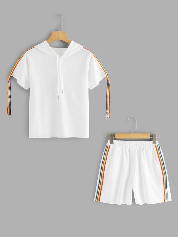 Romwe Rainbow Stripe Tape Side Hooded Tee With Shorts