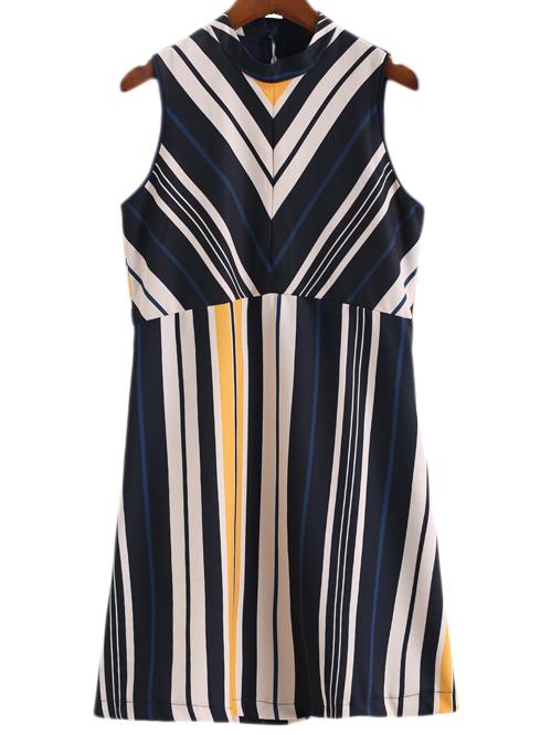 Romwe Multicolor Mock Neck Sleeveless Buttons Back Stripe Dress