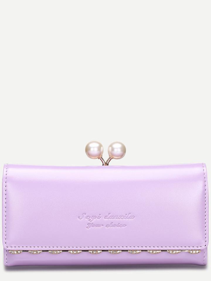 Romwe Purple Embossed Letter Pearl Rhinestone Detail Clutch Bag