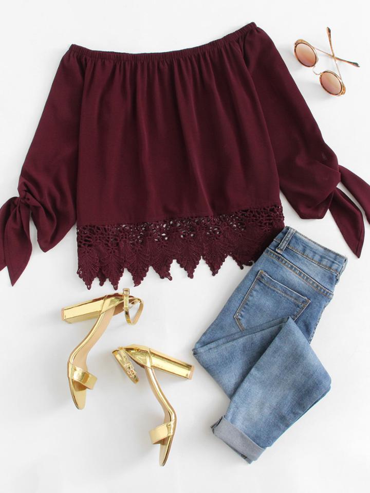 Romwe Off Shoulder Lace Hem Knot Sleeve Top