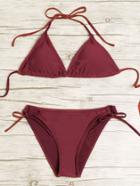Romwe Burgundy Triangle Halter Side Tie Bikini Set