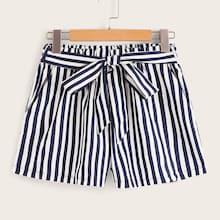 Romwe Vertical Stripe Print Belted Shorts