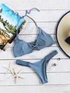 Romwe Grey Criss Cross Braided Strap Halter Bikini Set
