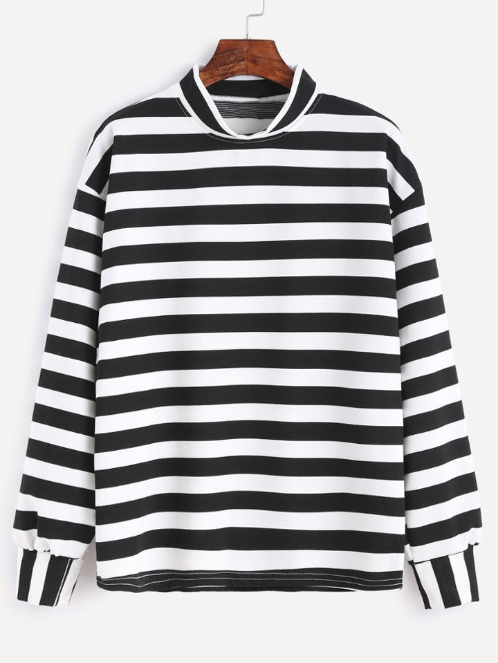 Romwe Black White Striped Crew Neck Drop Shoulder Sweatshirt