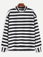 Romwe Black White Striped Crew Neck Drop Shoulder Sweatshirt