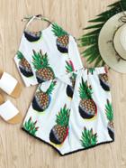 Romwe Halter Neck Pineapple Print Random Top With Lace Hem Shorts