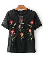 Romwe Flower Embroidery Sheer Top