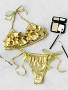 Romwe Metallic Ruffle Design Side Tie Bikini Set