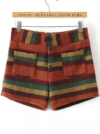 Romwe Single Breasted Striped Orange Shorts With Pockets
