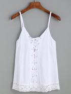 Romwe White Eyelet Lace Up Crochet Trimmed Cami Top