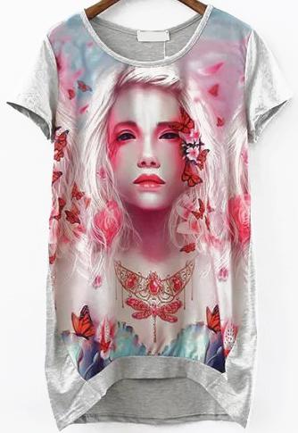 Romwe Dip Hem Beauty Print Grey T-shirt