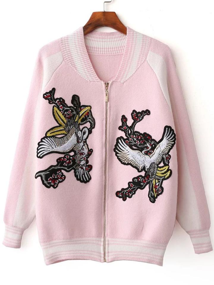 Romwe Pink Crane Embroidery Raglan Sleeve Zipper Sweater Coat