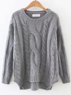 Romwe Grey Cable Knit Asymmetrical Hem Sweater