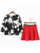 Romwe Flower Print Top With A-line Skirt