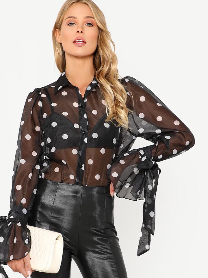 Romwe Belted Trumpet Sleeve Polka Dot Organza Blouse