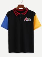Romwe Striped Collar Contrast Sleeve Embroidered Polo Shirt - Black