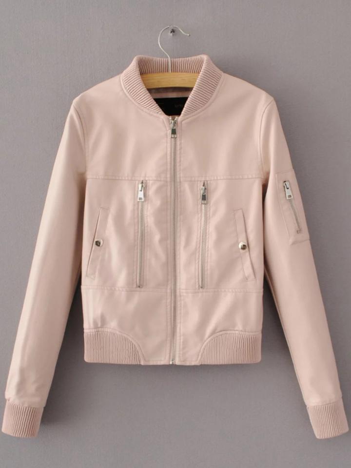 Romwe Pink Zipper Detail Ribbed Trim Pu Jacket