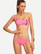 Romwe One-shoulder Contrast Binding Bikini Set - Pink