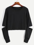 Romwe Black Cut Out Sleeve Crop Sweatshirt