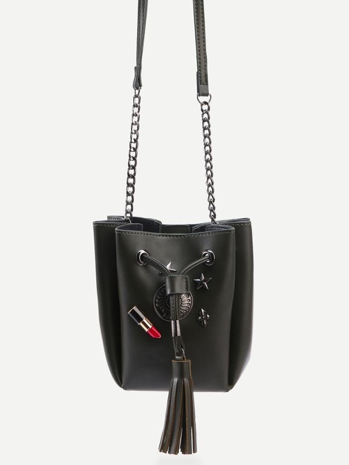 Romwe Olive Green Lovely Charm Studded Tassel Drawstring Bucket Bag