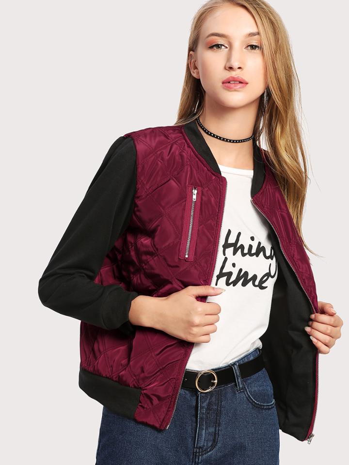 Romwe Contrast Sleeve Quilted Jacket