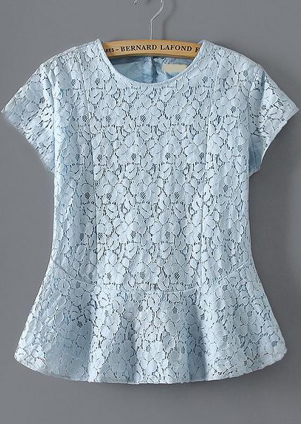Romwe Short Sleeve Lace Peplum Hem Blue Top