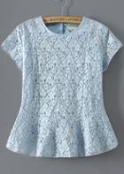 Romwe Short Sleeve Lace Peplum Hem Blue Top