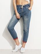 Romwe Blue Distressed Drawstring Jeans With Plaid Lining Detail