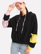 Romwe Ruffle Trim Contrast Panel Hoodie