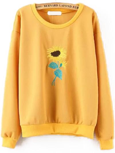 Romwe Sunflower Embroidered Yellow Sweatshirt