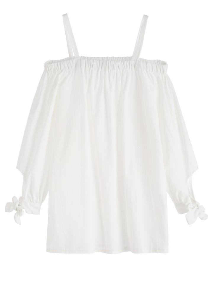 Romwe White Cold Shoulder Blouse With Tie Detail Sleeve