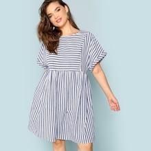 Romwe Plus Rolled Up Sleeve Pocket Side Striped Dress