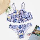 Romwe Random Geo Print Lace Up Flounce Bikini Set