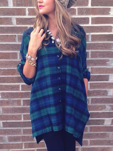 Romwe Lapel Plaid Split Side Long Blouse