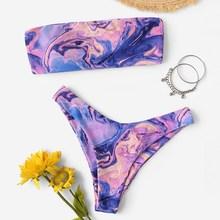 Romwe Watercolor Print Bandeau High Leg Bikini Set