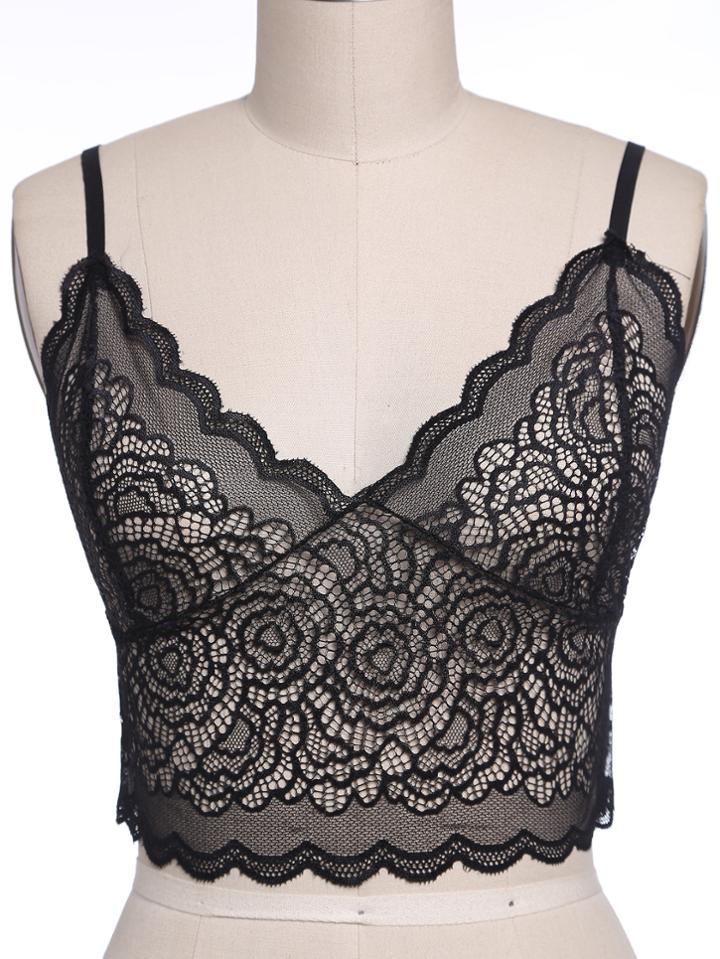 Romwe Black Lace Crochet Scalloped Hem Top