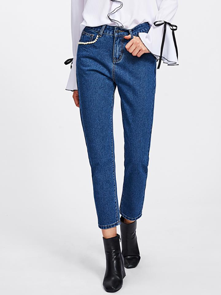 Romwe Pearl Beading Pocket Peg Jeans