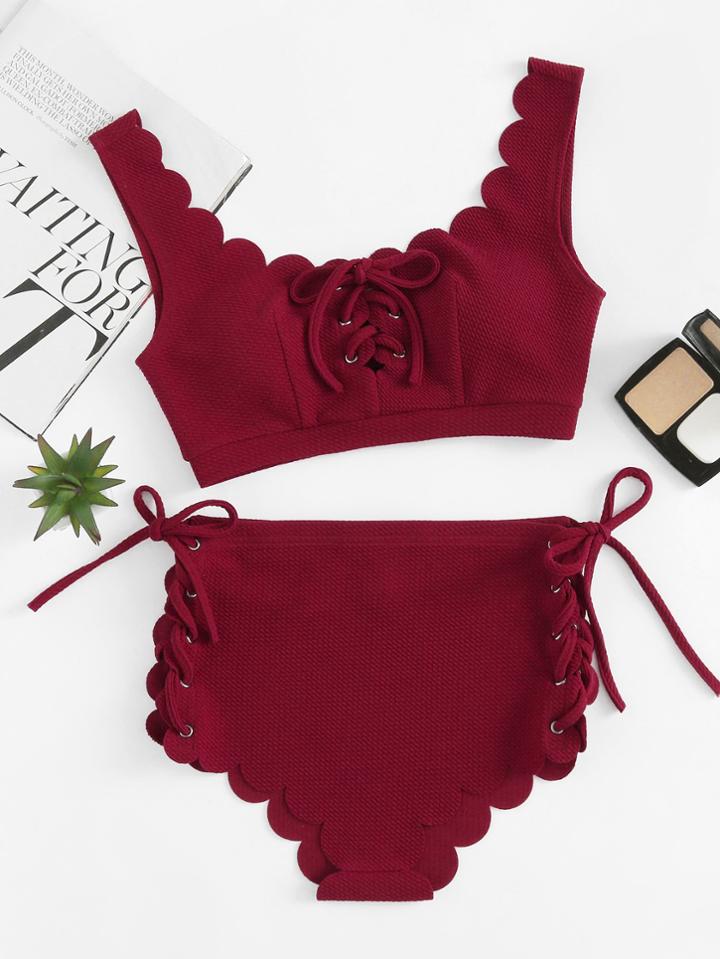 Romwe Lace Up Scalloped Top And Shorts Set